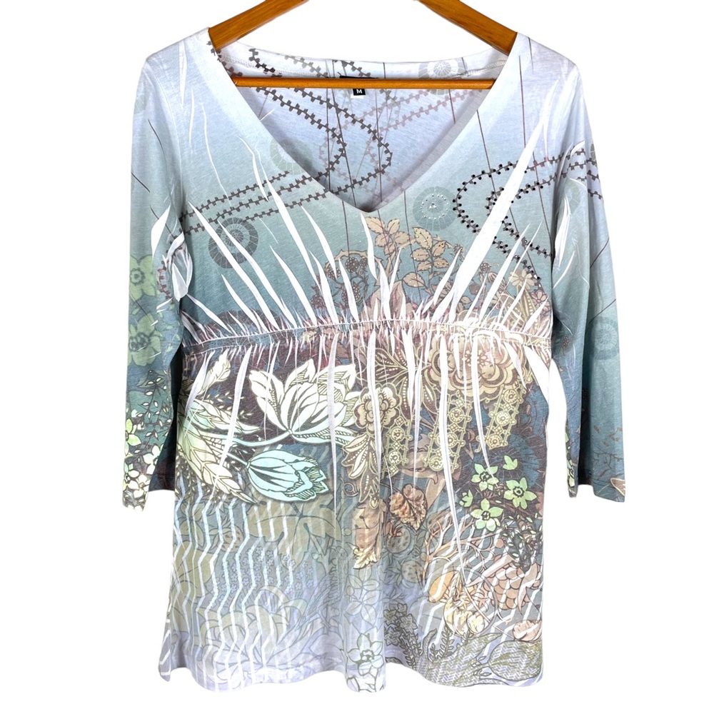 Yukiko V-Neck Peplum Empire Waist 3/4 Sleeve Lightweight Top W/ Embellishment M